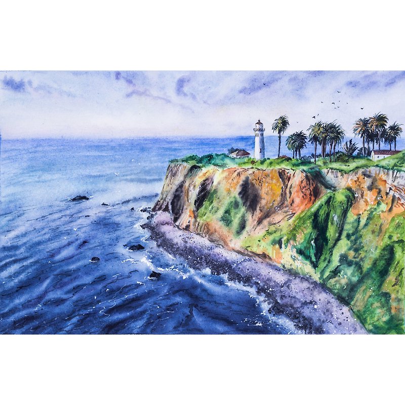 Lighthouse Landscape Painting Original Watercolor Seascape Interior Wall Art - โปสเตอร์ - กระดาษ หลากหลายสี