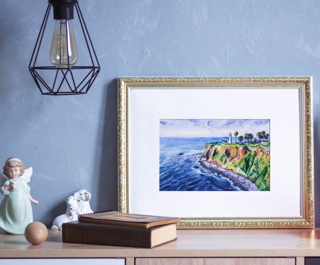 灯台の風景画オリジナルの水彩画の海の風景のインテリアウォール 灯台の風景画オリジナルの水彩画の海の風景のインテリアウォール