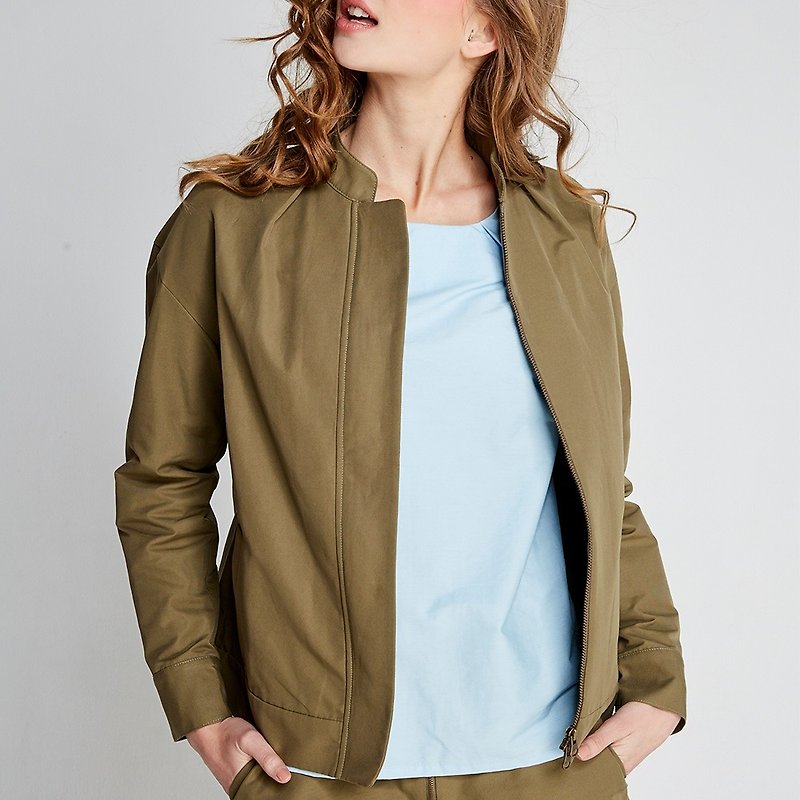 (FIT1701JK02GN) Army Green Roll Sleeve Shirt - เสื้อแจ็คเก็ต - ผ้าฝ้าย/ผ้าลินิน 