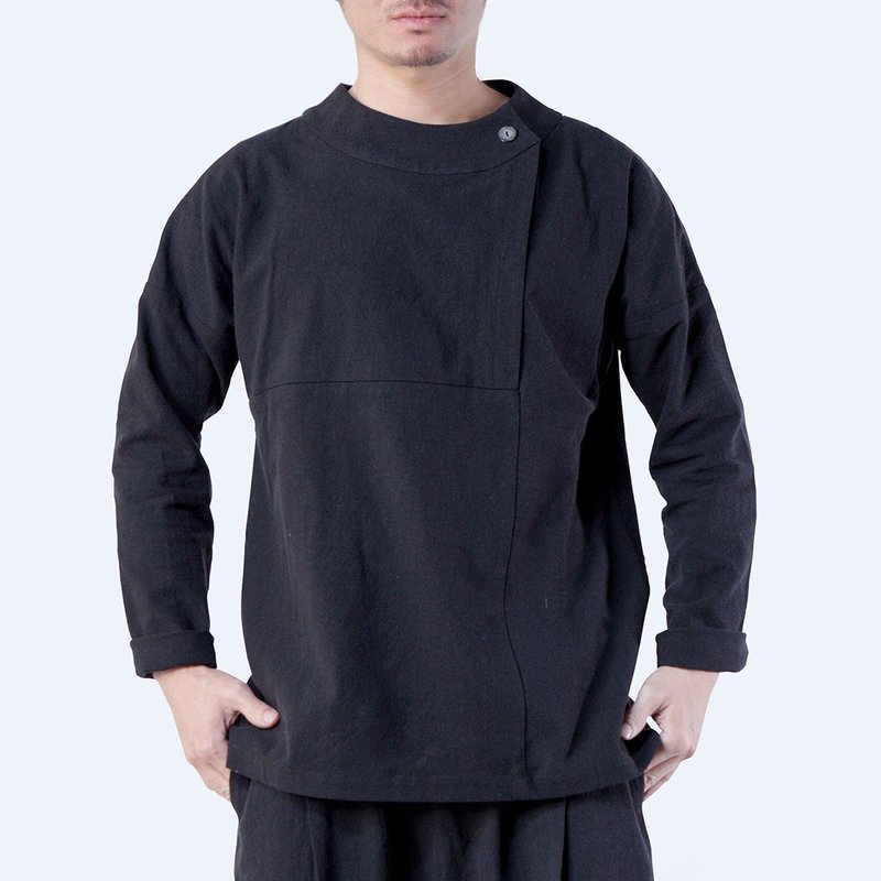 Crew neck ramie cotton  long sleeve blouse / color:black - เสื้อยืดผู้ชาย - ผ้าฝ้าย/ผ้าลินิน สีดำ