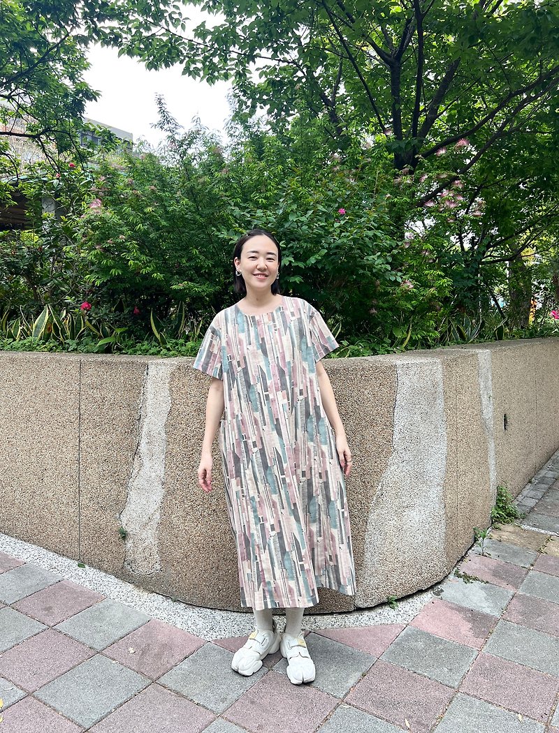 水彩リネンリネンロング半袖ドレス - ワンピース - コットン・麻 ピンク