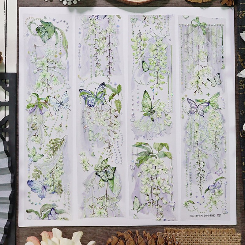 OKMT New Seven Days Original Fluid Resin Charm Card Stickers PET Journal Washi Tape - Shadows of Green Through Curtains - มาสกิ้งเทป - พลาสติก สีเขียว