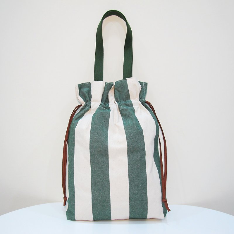 Retro literary green velvet leather rope handmade canvas shoulder bag with green and white stripes - Messenger Bags & Sling Bags - Cotton & Hemp Green