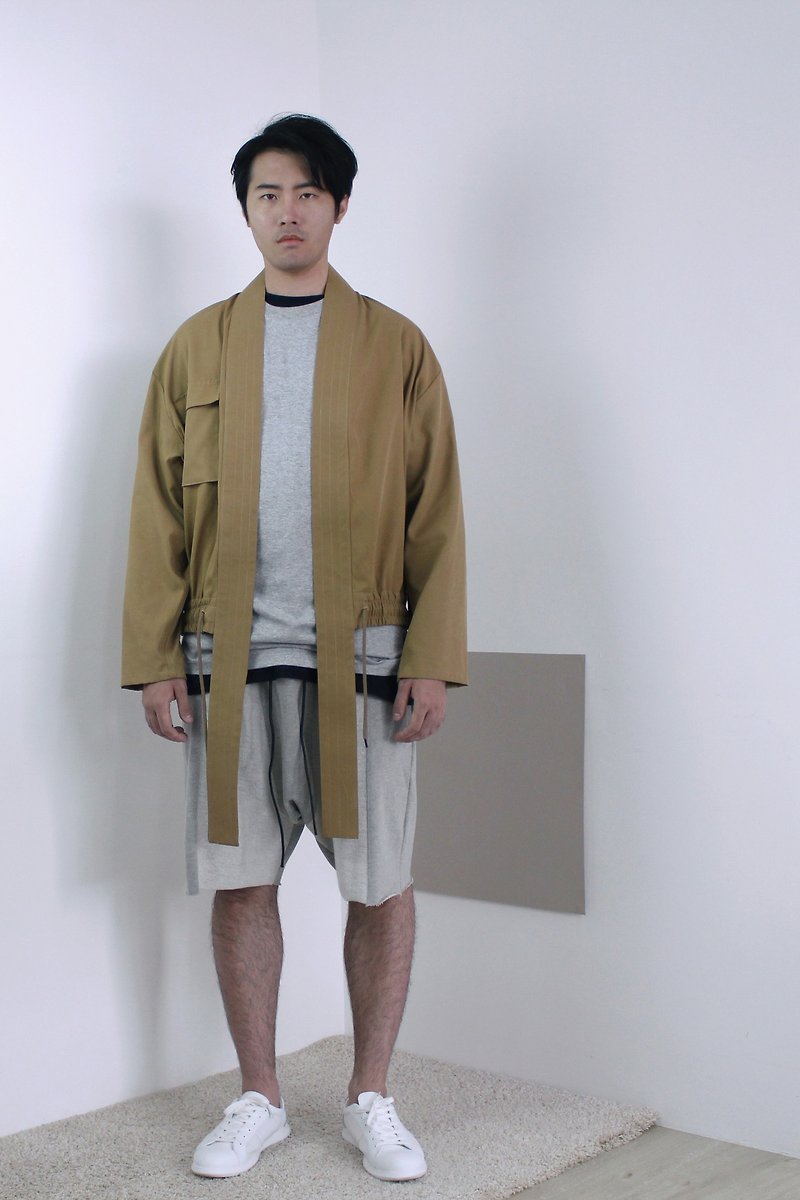 Kimono Bomber 和服短夾克－芥末黃 - 外套/大衣 - 棉．麻 卡其色