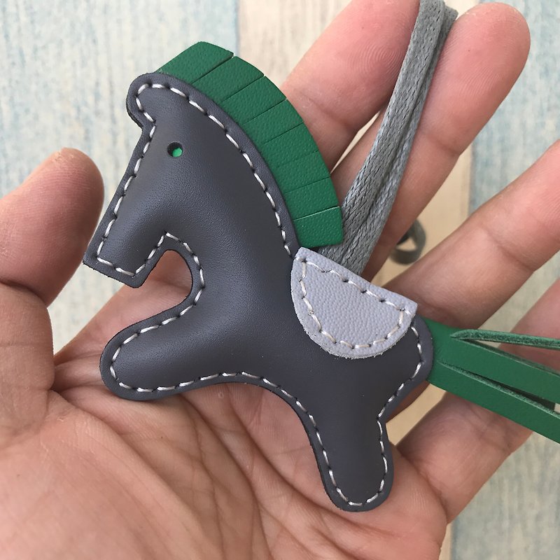 Healing small things dark gray cute pony handmade sewing leather charm small size - พวงกุญแจ - หนังแท้ สีเทา