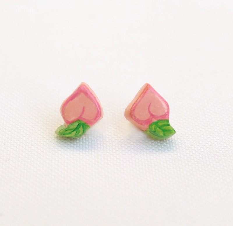 小桃子 耳環/ 可改耳夾 - 耳環/耳夾 - 黏土 粉紅色