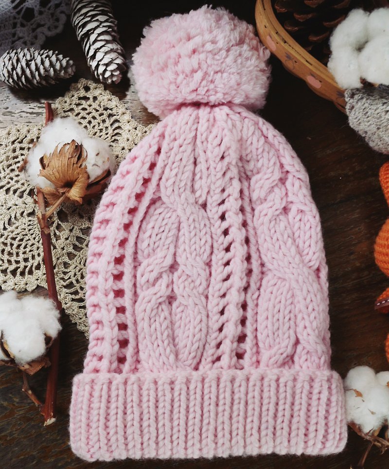 手作-粉紅大麻花-毛線毛帽 - 帽子 - 羊毛 粉紅色