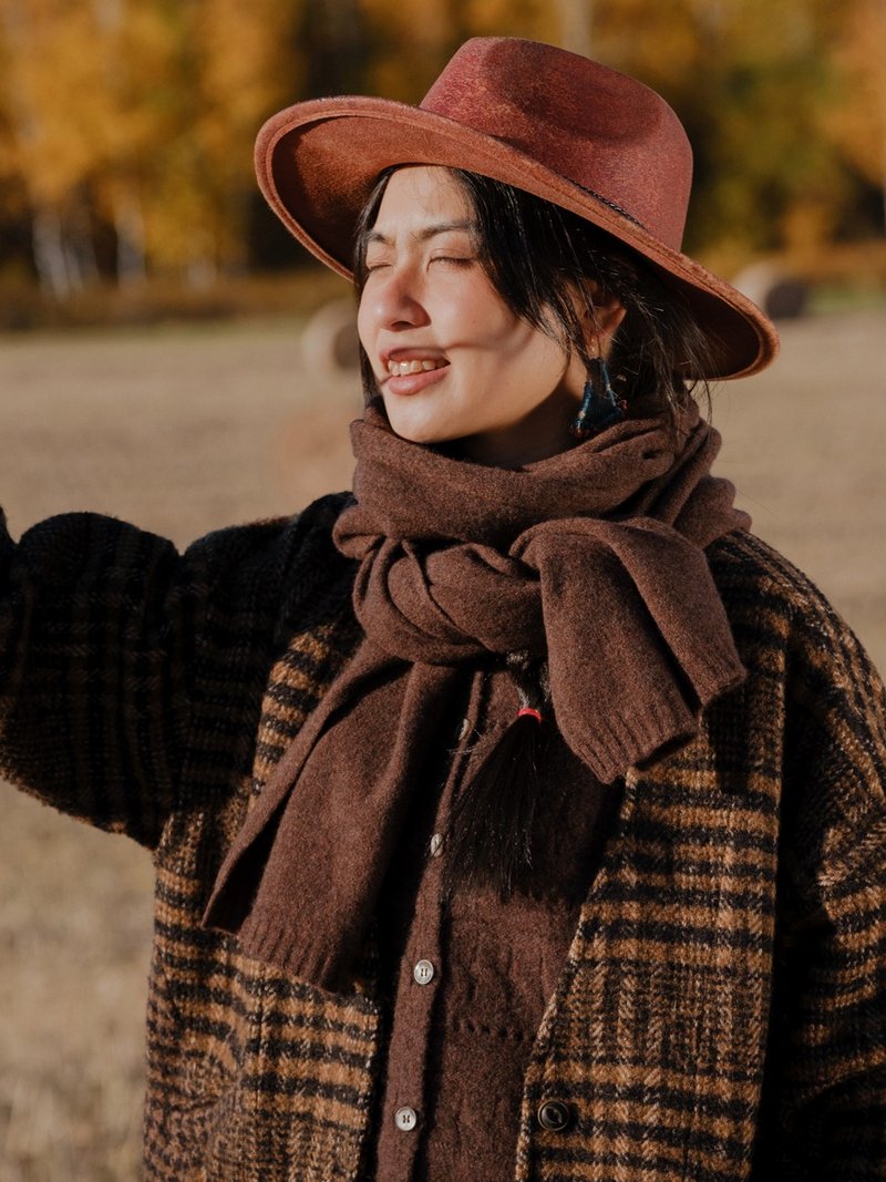 Camel/brown wool solid color warm long scarf shawl - ผ้าพันคอถัก - ขนแกะ สีนำ้ตาล