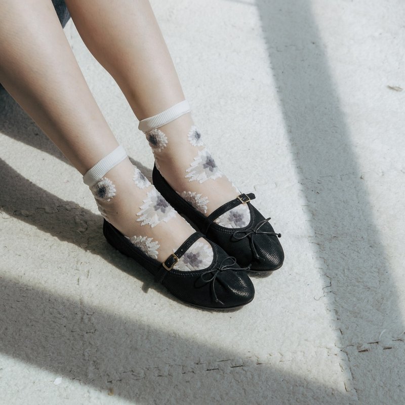 Star sand ballet lace-up sheepskin doll shoes | Starry night black | Taiwan handmade shoes MIT - Mary Jane Shoes & Ballet Shoes - Genuine Leather Black