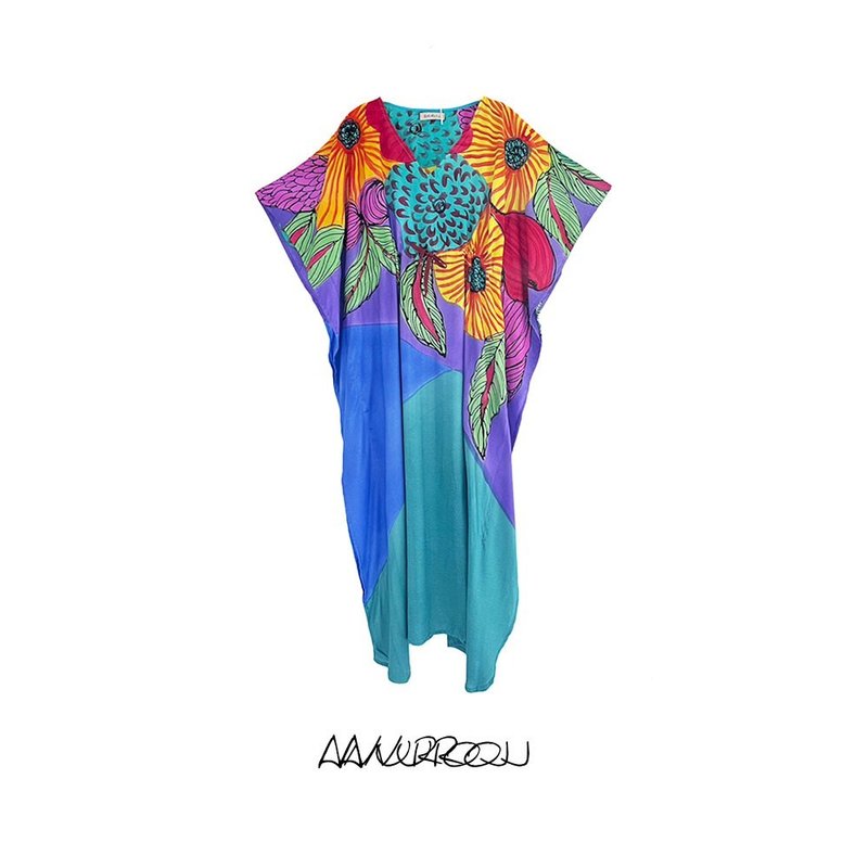 Hand Painted Cotton Silk Kaftan for Summer Resort Vacation F - 洋裝/連身裙 - 棉．麻 藍色