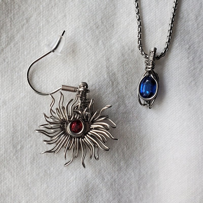 Red Stone Earrings + Stone Necklace/ Metal Braided Stainless Steel Steel Ore Necklace - Necklaces - Crystal Blue