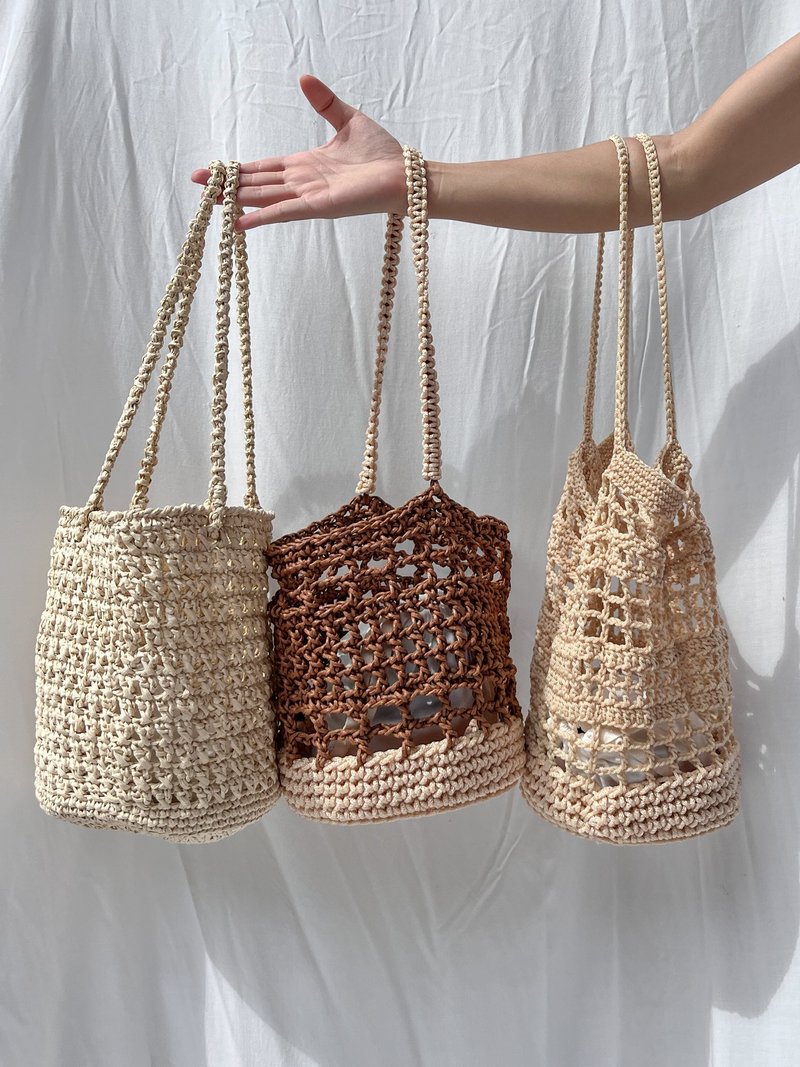 Craft Fair ,Bucket Shoulder Bag, Crochet Bag - กระเป๋าถือ - วัสดุอื่นๆ สีกากี