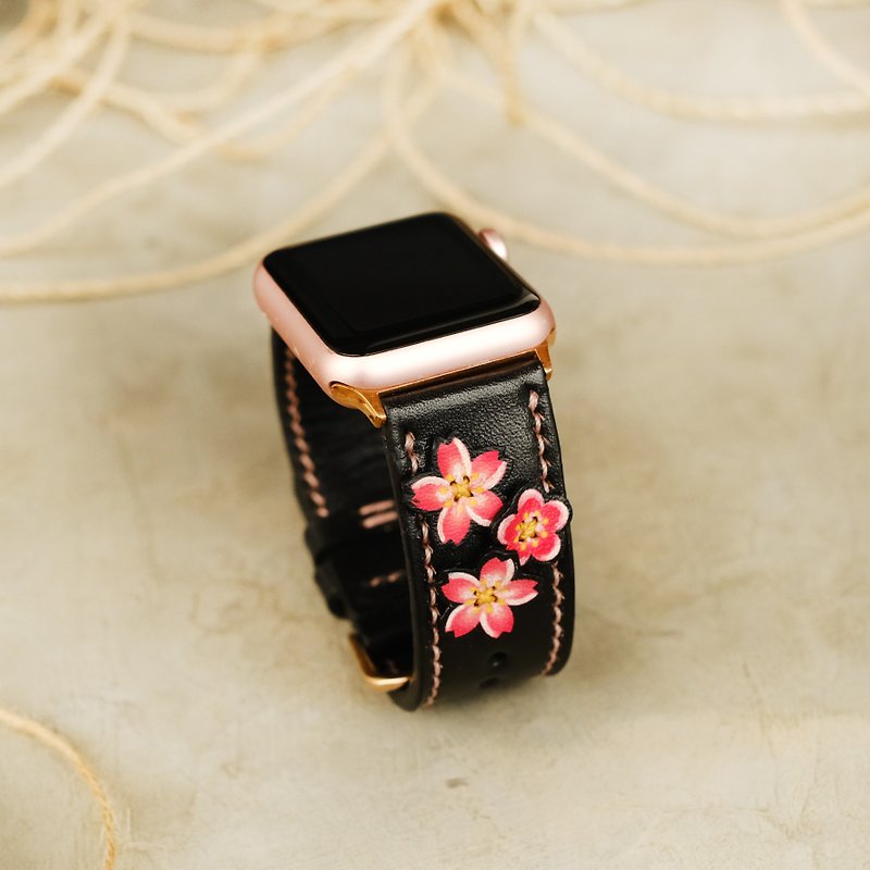 Sister Gift Apple Watch Flower Band 38mm 40mm 42mm 44mm - Watchbands - Genuine Leather Black