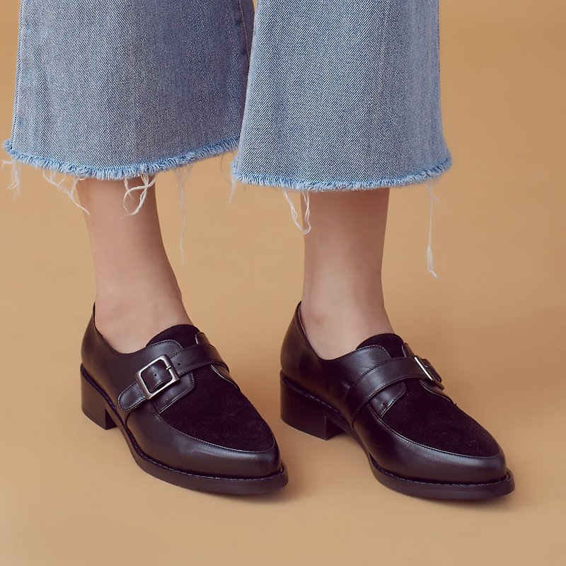 Improved cardigan style! Non-wearing soft core two-tone Monk shoes Black MIT full leather - รองเท้าอ็อกฟอร์ดผู้หญิง - หนังแท้ สีดำ