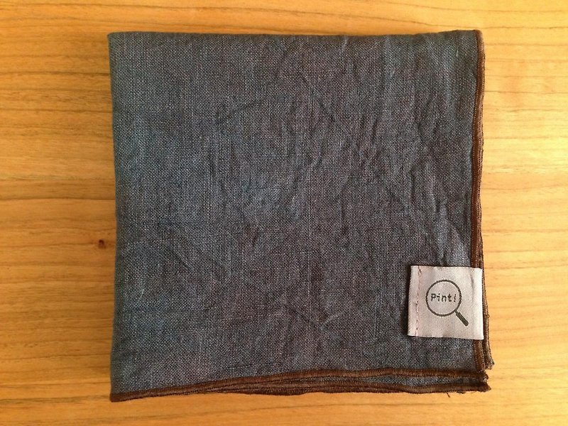 草木染めオーガニックリネンハンカチ（藍＋茜＋矢車附子）茶縁 - 男 T 恤 - 棉．麻 灰色