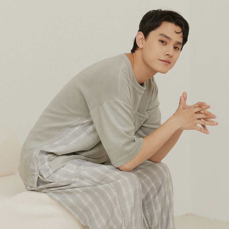 Terry Drop Shoulder Short Sleeve Loungewear Set - Elegant Grey/Collagen - ชุดนอน/ชุดอยู่บ้าน - ผ้าฝ้าย/ผ้าลินิน สีเทา