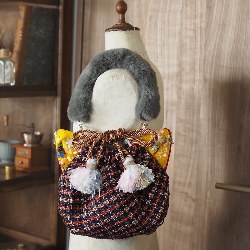 ファンシーツイード織猫型巾着5wayリュックバッグ(一点作品/送料無料) - リュック・バックパック - コットン・麻 多色