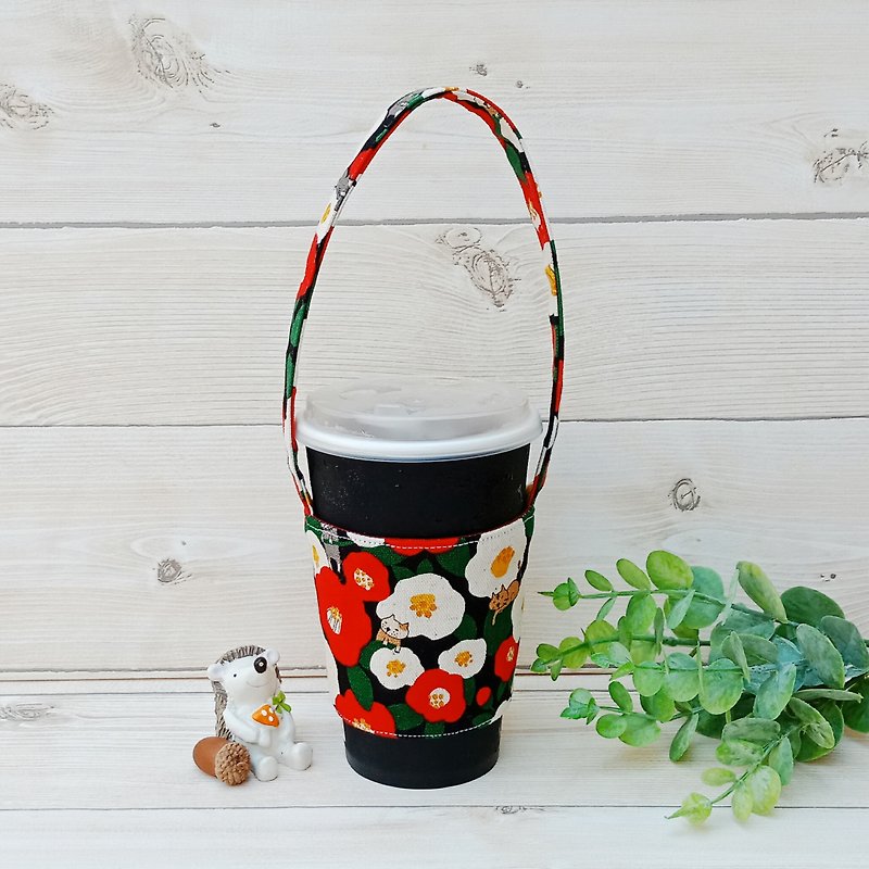 [Coffee cup bag] accompanying cup bag/meow in the flowers - ถุงใส่กระติกนำ้ - ผ้าฝ้าย/ผ้าลินิน สีส้ม