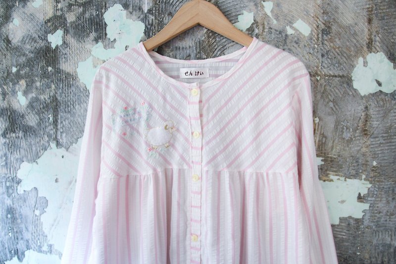 袅袅 department store-Vintage light pink striped children's pajamas dress retro - One Piece Dresses - Cotton & Hemp 