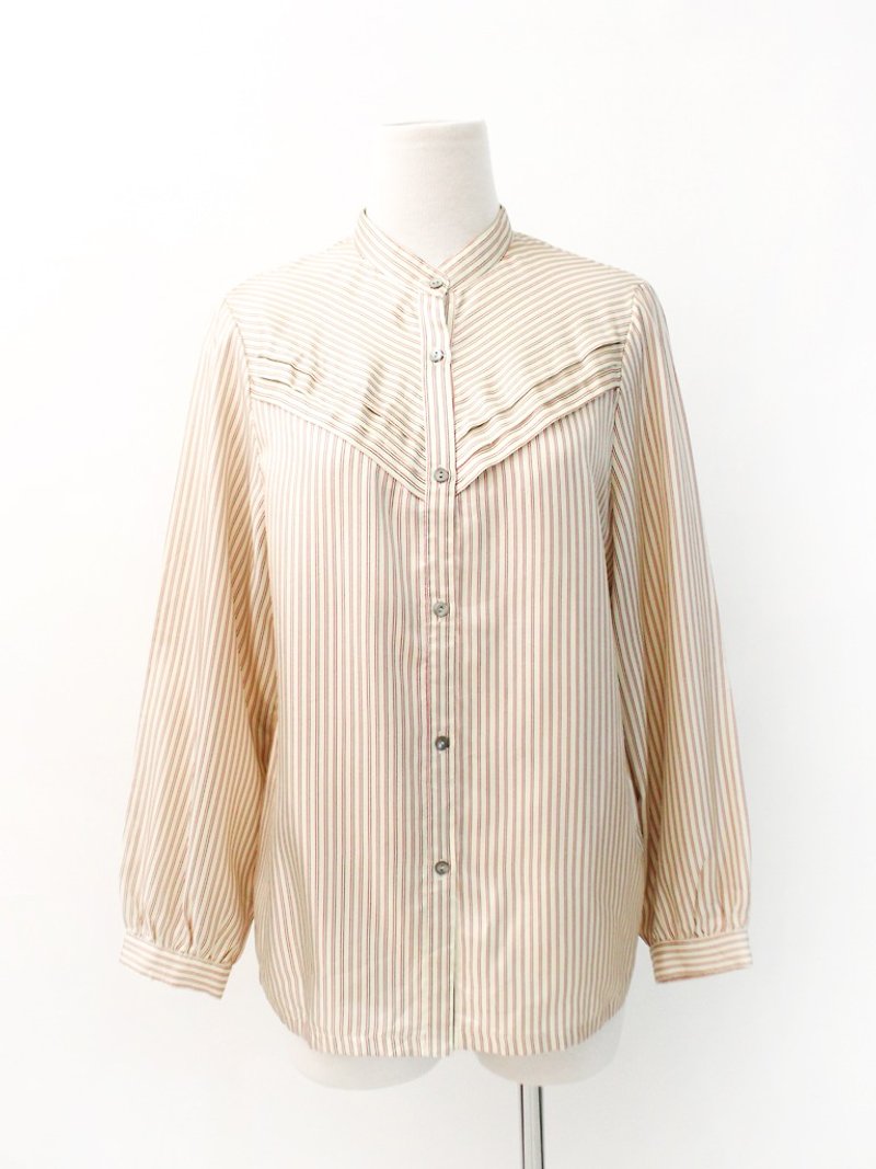 Vintage Japanese Beige Striped Vintage Shirt Japanese Vintage Blouse -SALE - เสื้อเชิ้ตผู้หญิง - เส้นใยสังเคราะห์ สีเหลือง