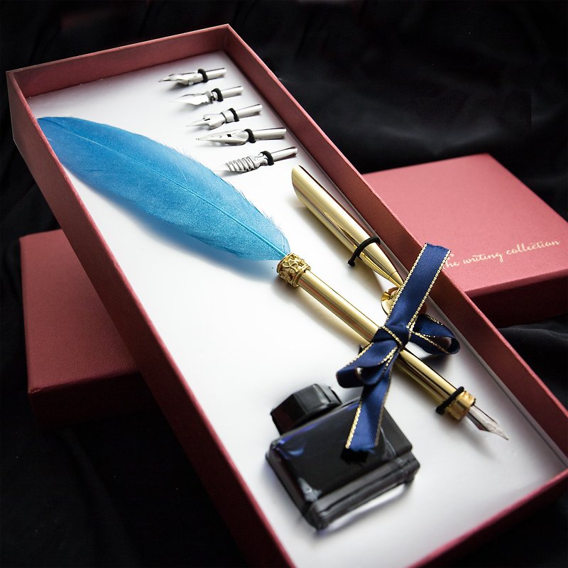 MISTER歐式復古羽毛筆沾水鋼筆禮盒 金粉湖水藍 - 鋼筆 - 其他金屬 藍色