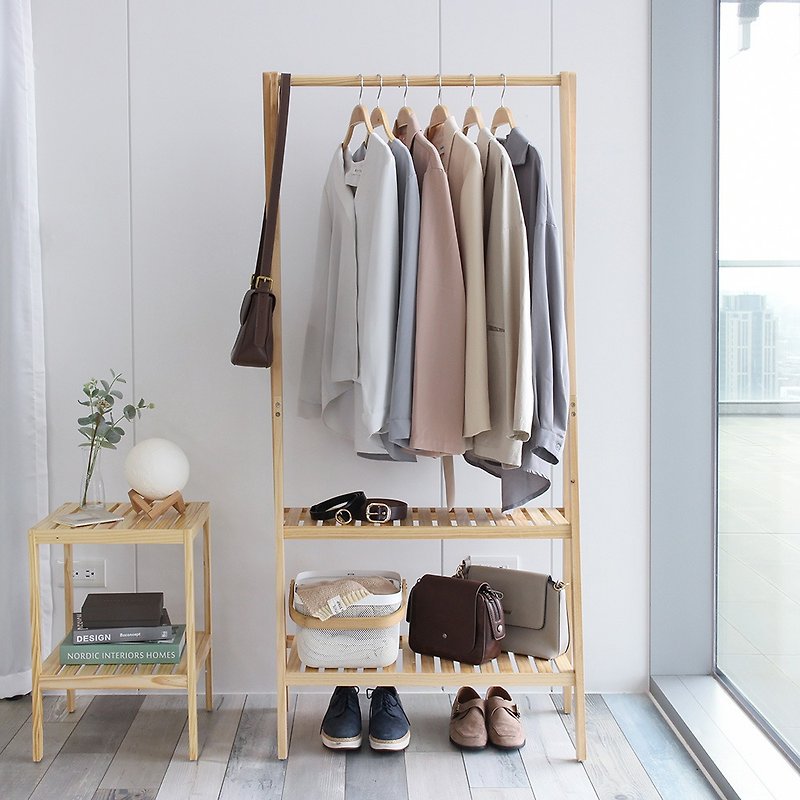 Korean ins style pine double layer hanging hanger - Wardrobes & Shoe Cabinets - Wood Khaki