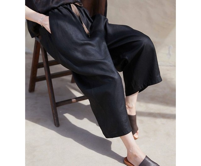 Burnt pottery black fragrant cloud gauze elastic drawstring waist imported  webbing radish pants - Shop NoZen Women's Pants - Pinkoi