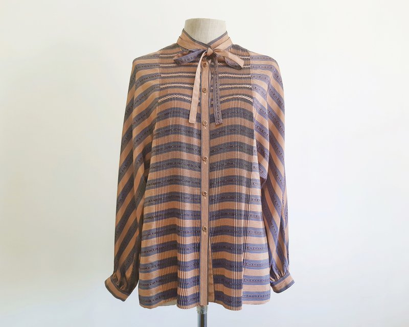 Vintage Blue Brown Striped Blouse Womens Bow Tie Long Dolman Sleeve Top Medium M - Women's Tops - Polyester Brown