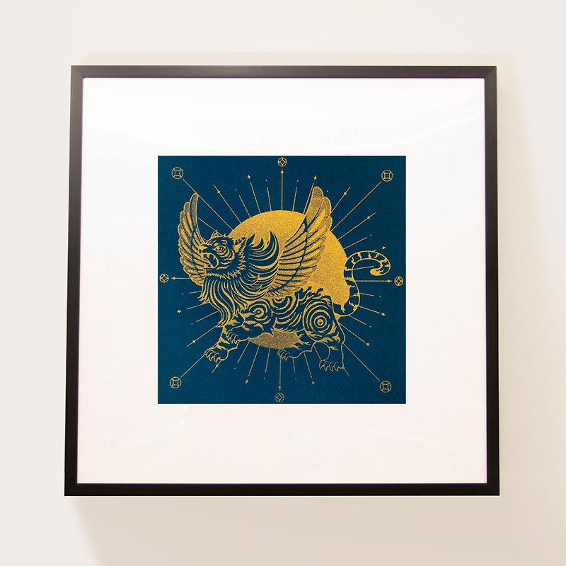 Blue and Golden Tiger Silkscreen Handsome Guy Paper Gold Ink A4 Poster Like a Tiger with Wings for Home Decoration - Posters - Paper Gold