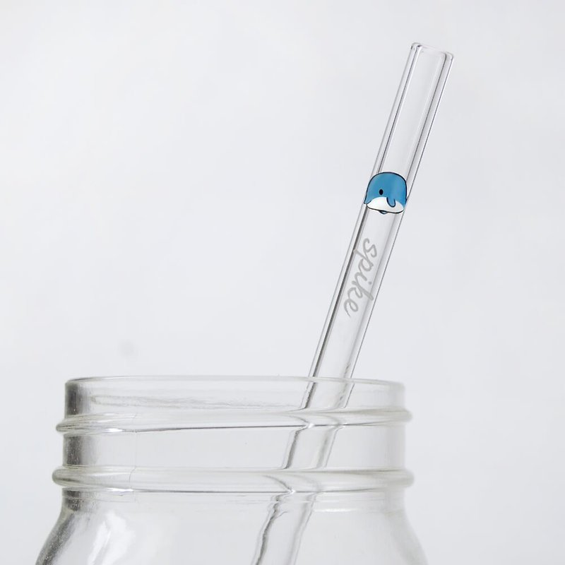 含玻璃雕刻刻字 20cm (口徑0.8cm) 平口 鯨魚玻璃吸管(附贈小刷) - 杯袋/飲料提袋 - 玻璃 藍色