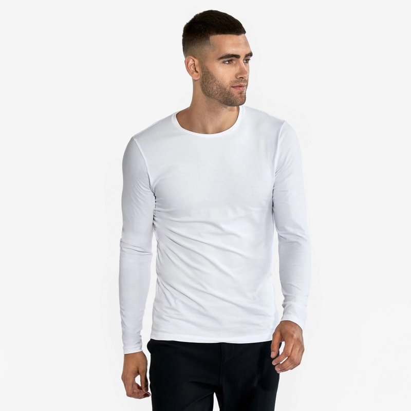 北歐極簡 - Crew-Neck 有機棉男用長袖圓領T (白) - 男 T 恤 - 棉．麻 白色