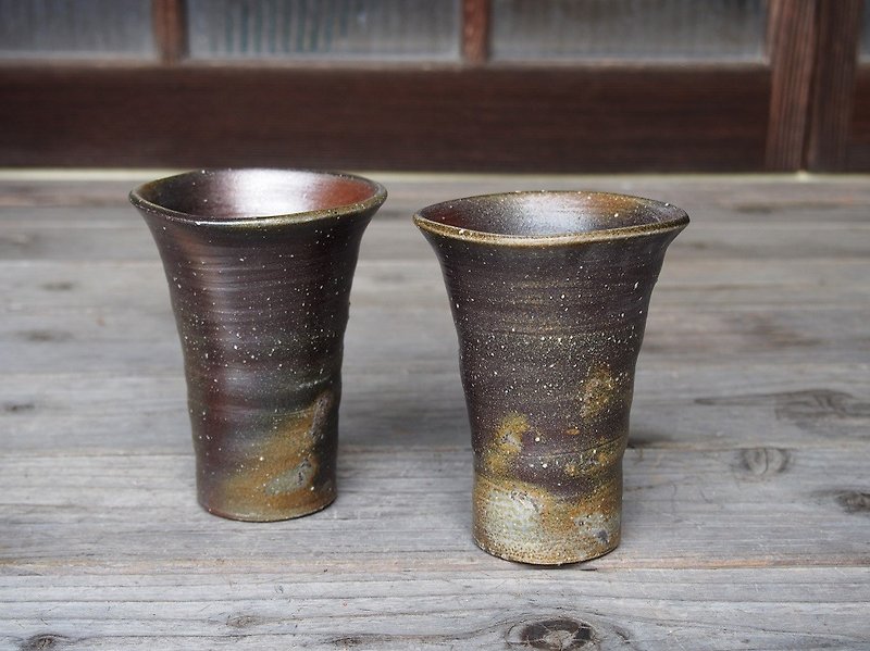 Bizen wheat drinking (middle) via mug set (with paulownia box) bs2-004 - Bar Glasses & Drinkware - Pottery Brown