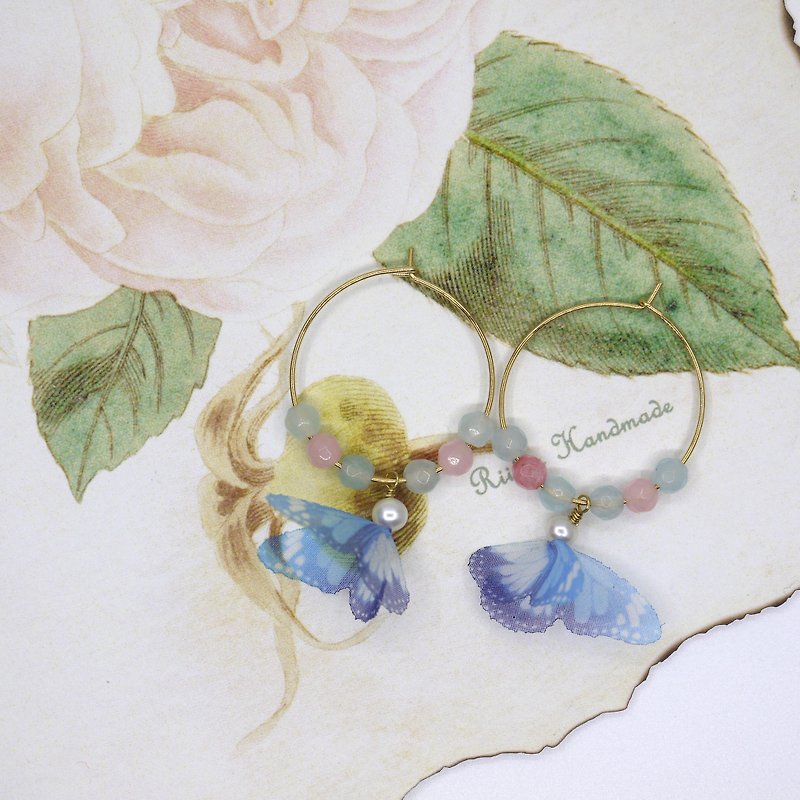 Butterfly Flying Pastel Chalcedony natural stone shell circle earrings - Earrings & Clip-ons - Gemstone 