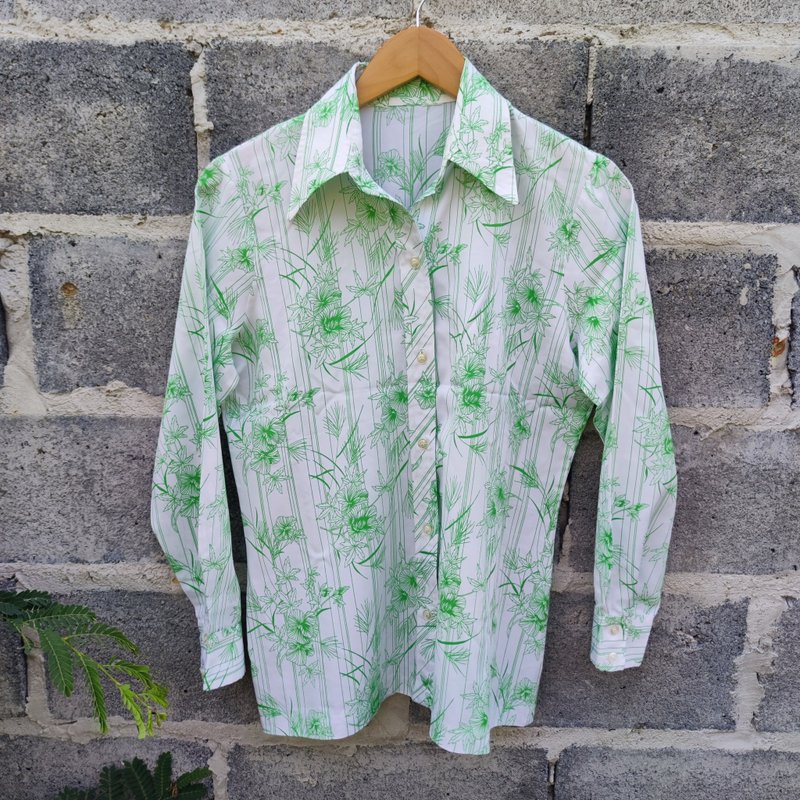 Vintage 70s Kolortron by Koret of California Floral Green white Shirt - เสื้อเชิ้ตผู้ชาย - ผ้าฝ้าย/ผ้าลินิน สีเขียว