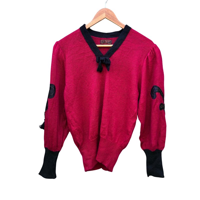 Vintage YSL Yves Saint Laurent Tricot Bow Knit Sweater Red Black - 女毛衣/針織衫 - 羊毛 紅色