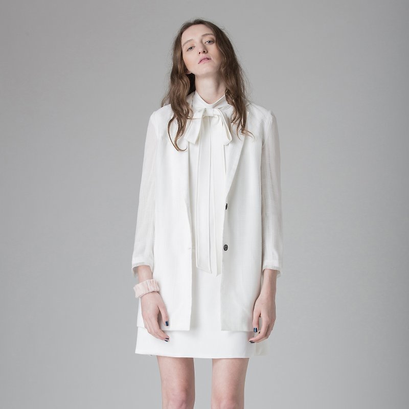 白色格子網紗西裝褸－香港設計品牌Lapeewee - 女大衣/外套 - 聚酯纖維 白色