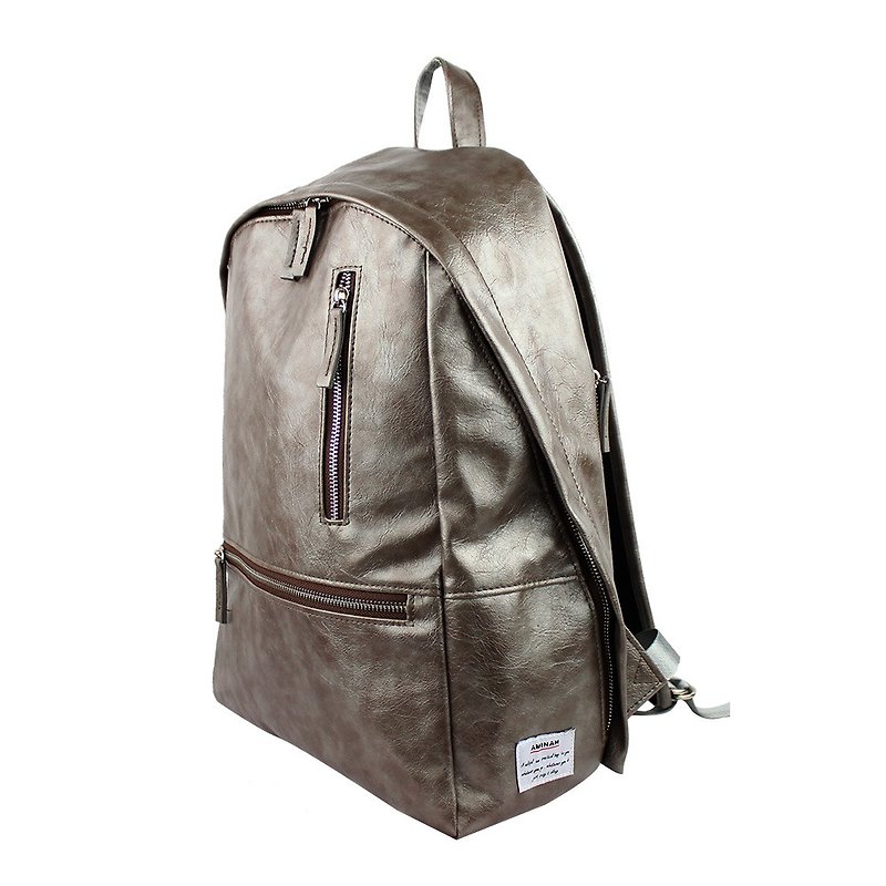 AMINAH-Silver Grey Double Chain Leather Backpack【am-0296】 - กระเป๋าเป้สะพายหลัง - หนังเทียม สีเทา