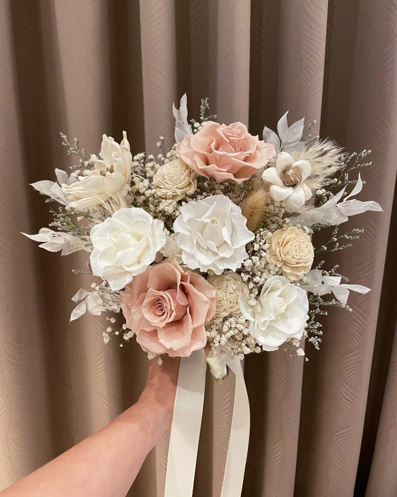 淺茶色永生捧花 新娘捧花 不凋花捧花 手綁花 伴娘捧花 - 乾燥花/永生花 - 植物．花 卡其色