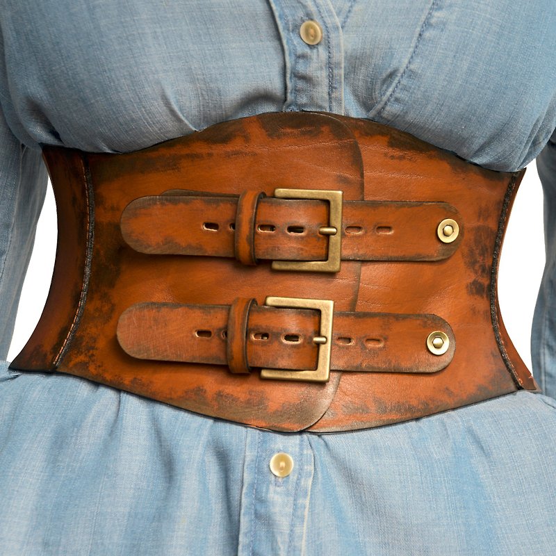 Leather belt Women's belt Wide Waist Belt Corset Belt - 皮帶/腰帶 - 真皮 咖啡色