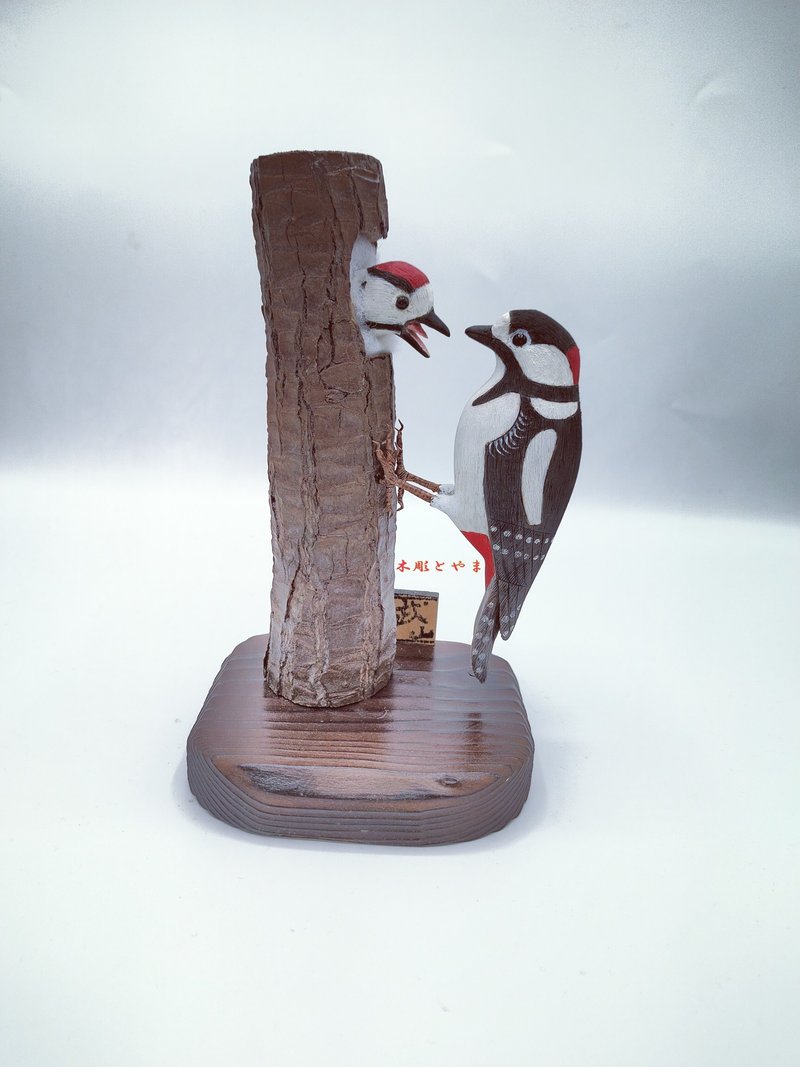 Great Spotted Woodpecker Wood Bird Carving - Items for Display - Wood Gray