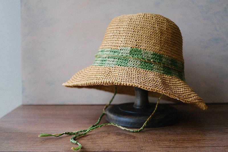 編織遮陽帽-青草格紋 - 帽子 - 其他材質 卡其色