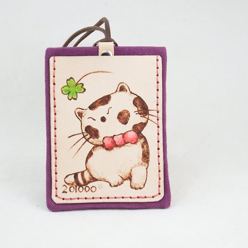 Vegetable tanned leather double-layer card holder ID holder Cocky cat star man - ID & Badge Holders - Genuine Leather Purple