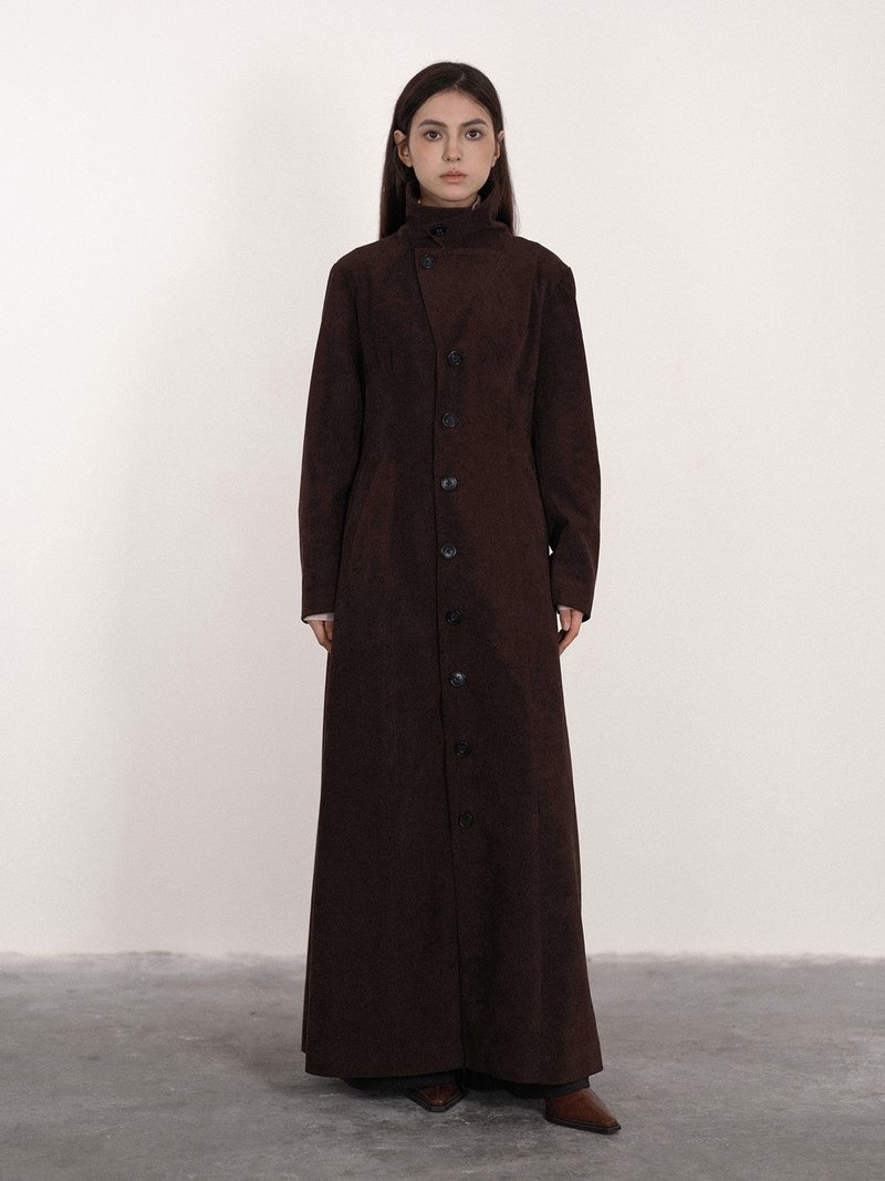 法式復古 / 燈芯絨立領長款大衣 - 女大衣/外套 - 其他材質 咖啡色