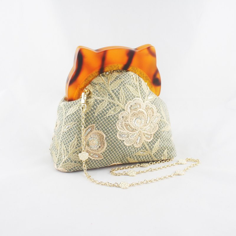【有貓的生活】貓耳口金包系列 - 牡丹刺繡 - 側背包/斜背包 - 棉．麻 橘色