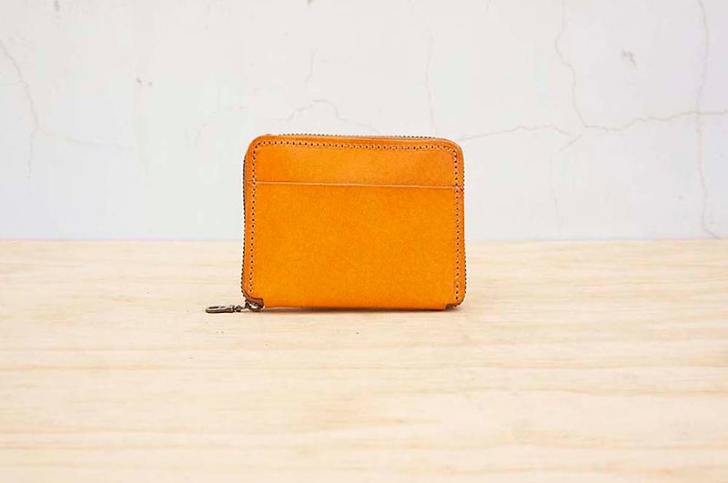 New leather ㄇ type zipper short clip (customizable lettering) - กระเป๋าสตางค์ - หนังแท้ สีส้ม