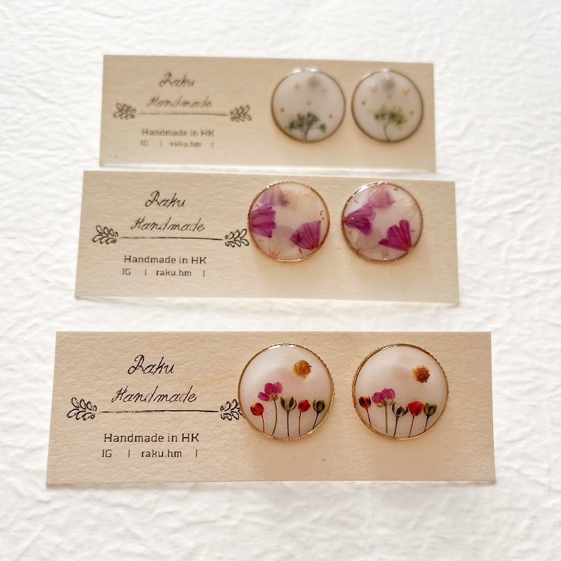 Oil painting style series earrings can be rotated Clip-On dried flower Clip-On glue pressed flower resin glue real flower Japanese round earrings - ต่างหู - พืช/ดอกไม้ 