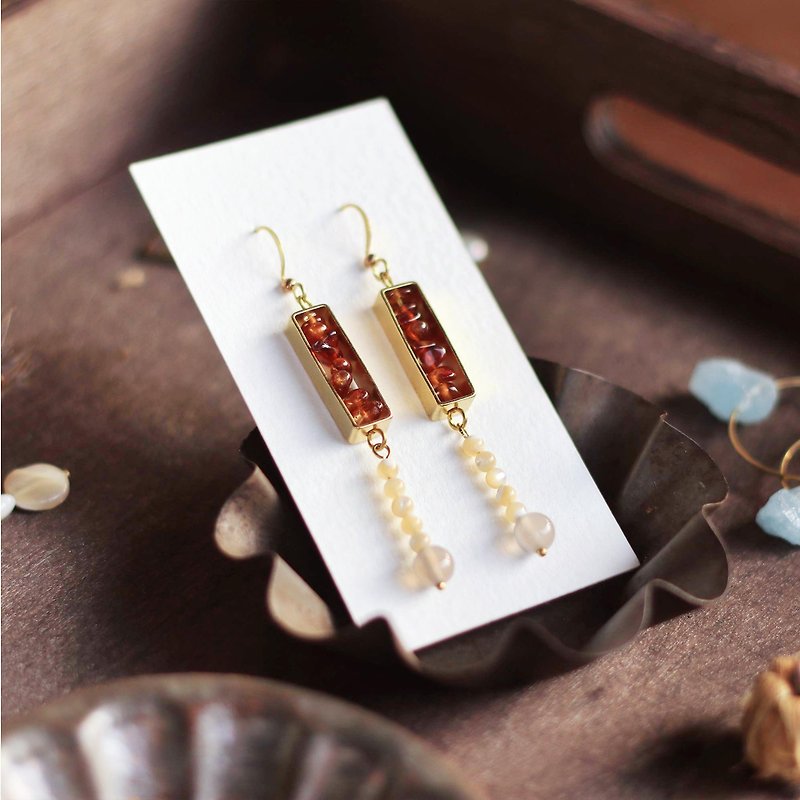 Natural Stone Geometric Brass Series Dangle Earrings - River Bed - ต่างหู - ทองแดงทองเหลือง สีนำ้ตาล