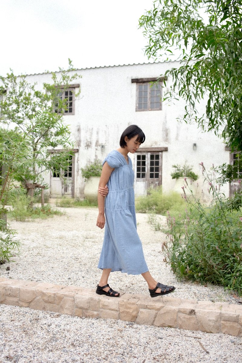 Mulmul light blue dress drawstring - 洋裝/連身裙 - 棉．麻 藍色
