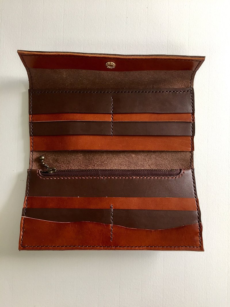 手縫いの対照的なコーヒーロングクリップレザー - 財布 - 革 ブラウン