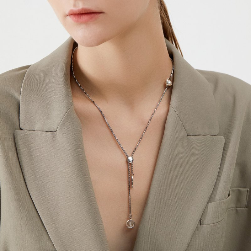 Aura double-pointed crystal and pearl Y chain - สร้อยคอ - สแตนเลส 